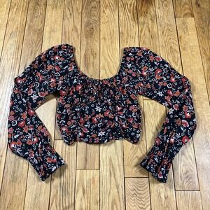 Hollister California Smocked Floral‎ Crop Top Blouse Long Sleeve Size S